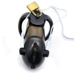 Original catalogue image: Smoky front view Smoky-colour chastity cage with a black ring, gold-colour padlock and white leads
