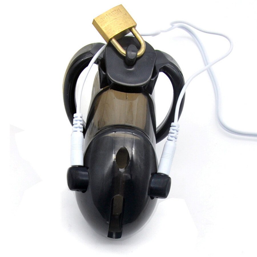 Original catalogue image: Smoky front view Smoky-colour chastity cage with a black ring, gold-colour padlock and white leads