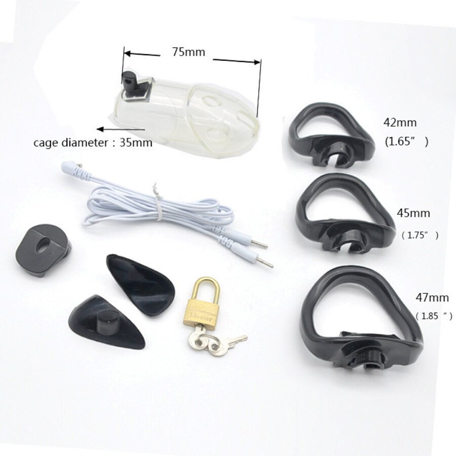 Original catalogue image: Clear size guide Clear-colour cage diagram showing 75 mm length, 35 mm diameter and three ring sizes