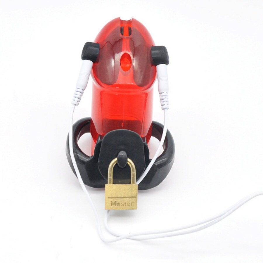 Original catalogue image: Red top view Red cage top view with black base ring and padlock