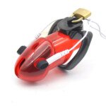 Original catalogue image: Red angled view Angled red cage view with white leads and padlock