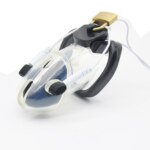 Original catalogue image: Clear angled view Clear cage angled view with black ring, padlock and white leads