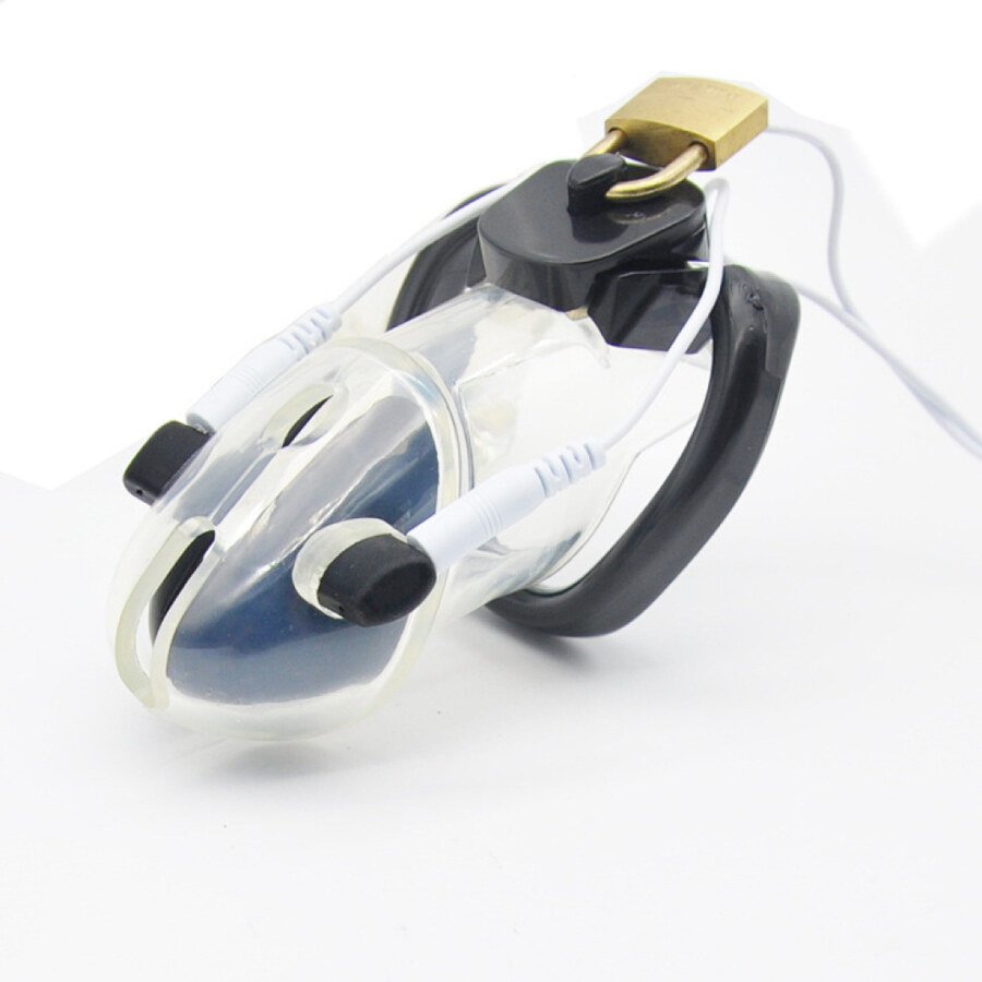 Original catalogue image: Clear angled view Clear cage angled view with black ring, padlock and white leads