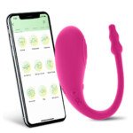 Original catalogue image: Phone-control artwork Pink curved vibrator beside a phone displaying the supplier control-app illustration