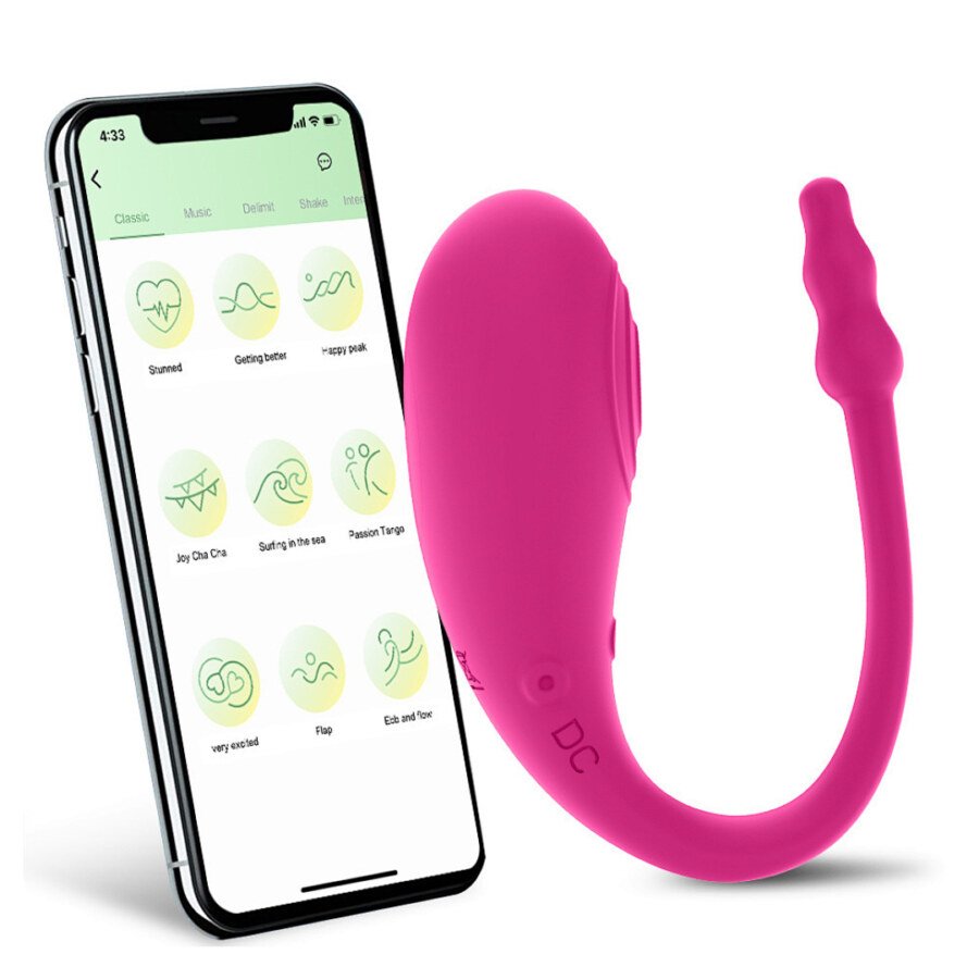 Original catalogue image: Phone-control artwork Pink curved vibrator beside a phone displaying the supplier control-app illustration