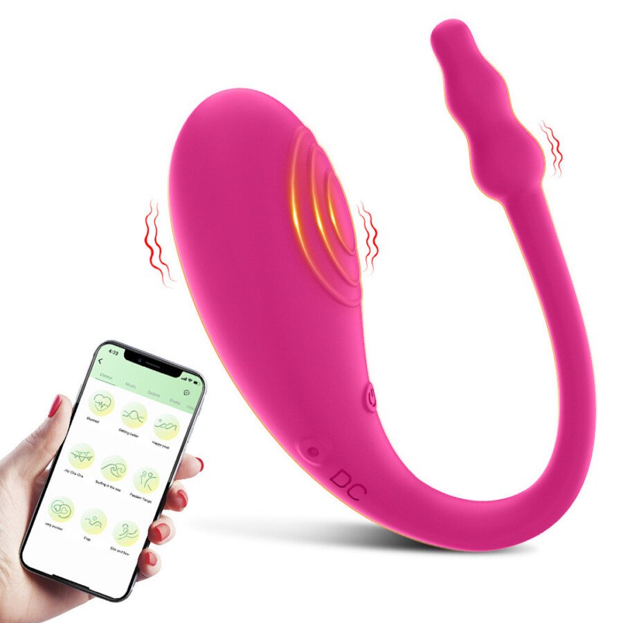 Original catalogue image: Control illustration Pink curved vibrator with vibration-effect artwork and a phone held in a hand