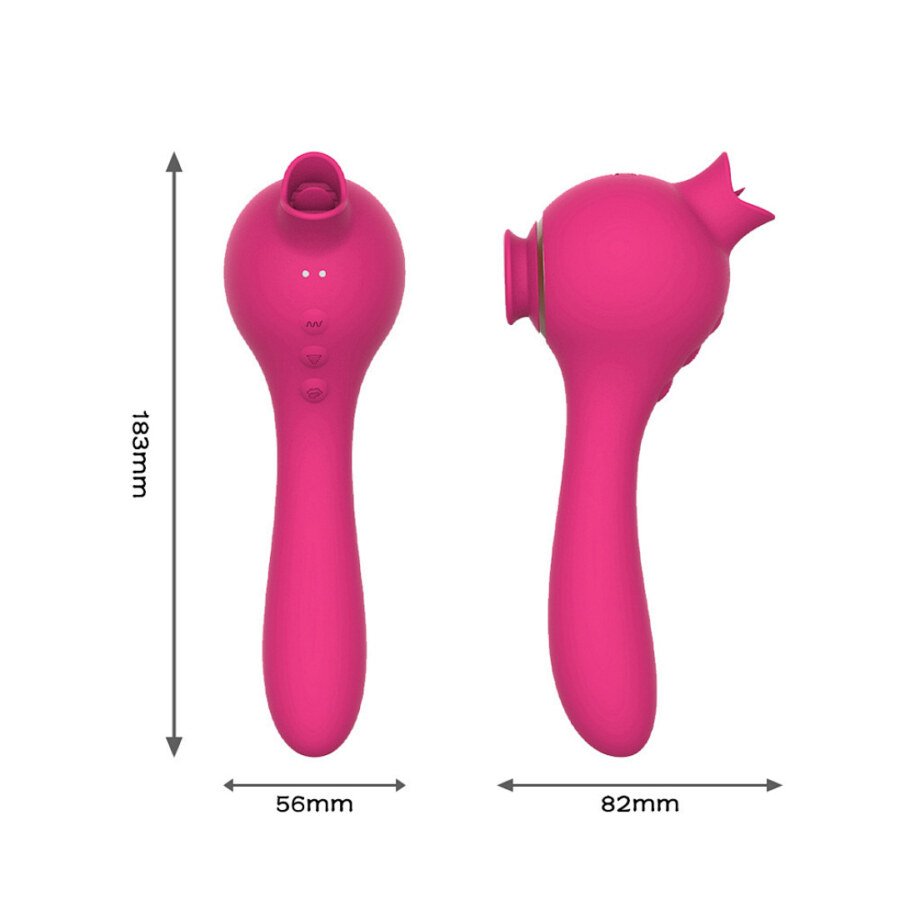 Pink tongue and suction vibrator shown from front and side beside 183 mm size guide