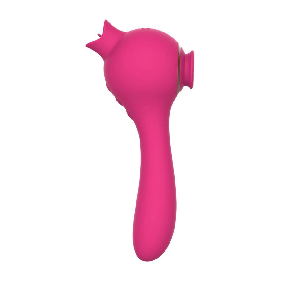 Side view of pink tongue and suction vibrator showing suction cup and tongue detail