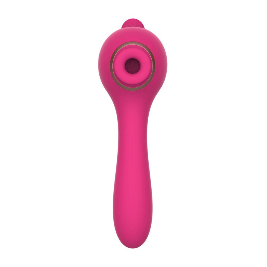 Close rear view of pink vibrator showing its round suction opening