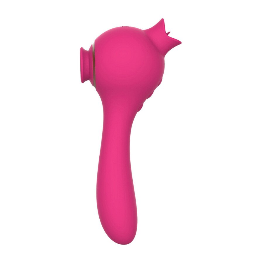 Angled back view of pink tongue and suction vibrator on white