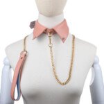 Pink pointed collar with gold-colour chain lead and handle on dress form