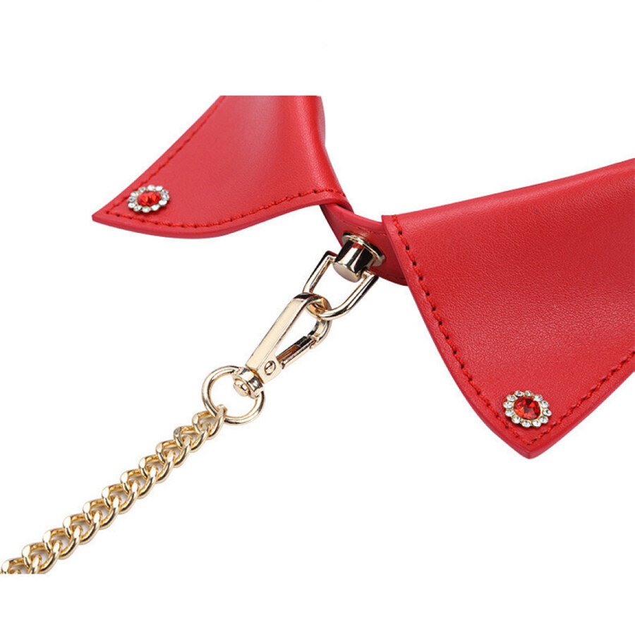 Close-up of red collar points, stud details and gold-colour chain clasp