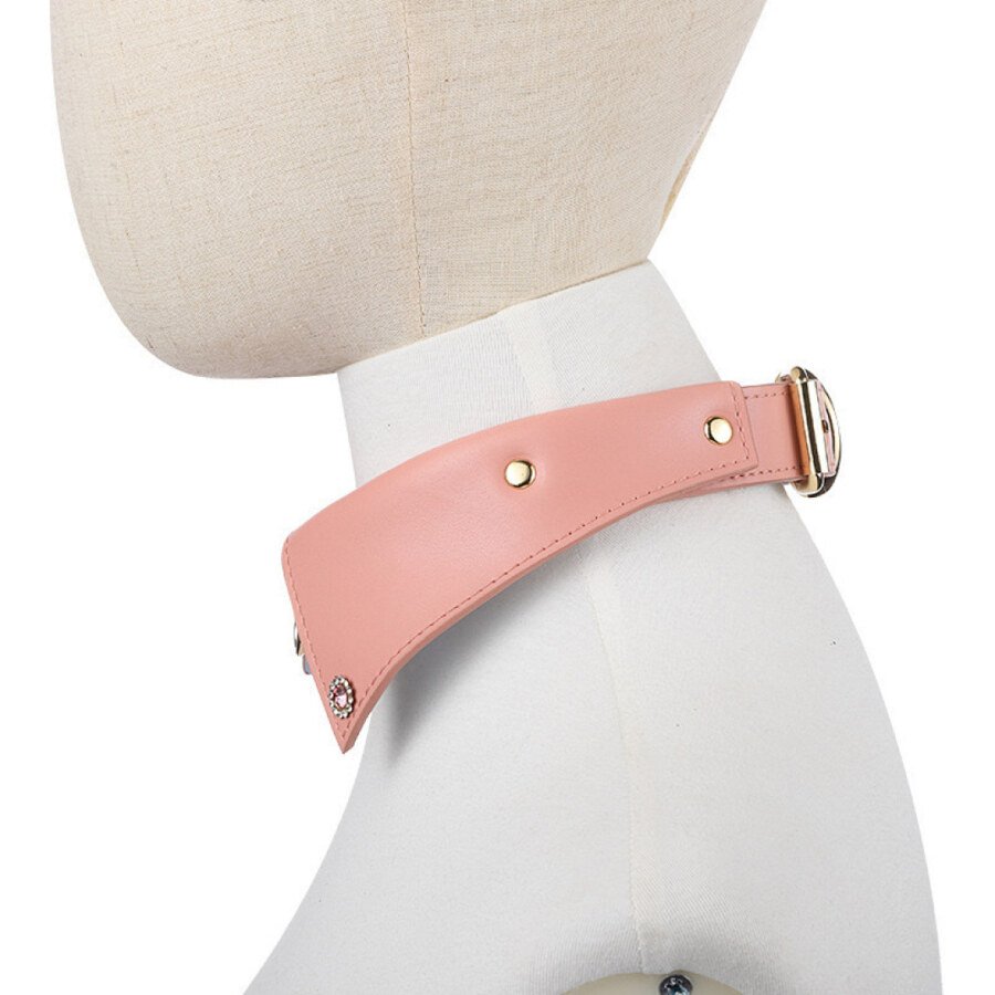 Side close-up of the pink adjustable pointed collar on a mannequin