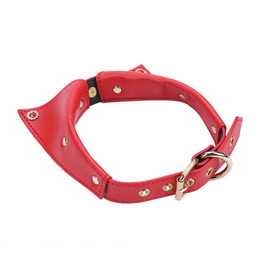 Red pointed collar with buckle and sizing holes photographed on white