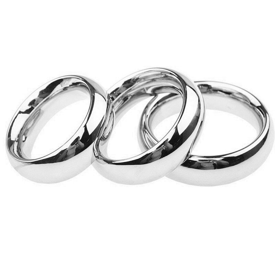 Three polished silver-colour rings on a white background