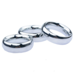 Side views of three polished silver-colour rings