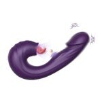 Purple curved suction and vibrating toy on white showing both ends and button positions
