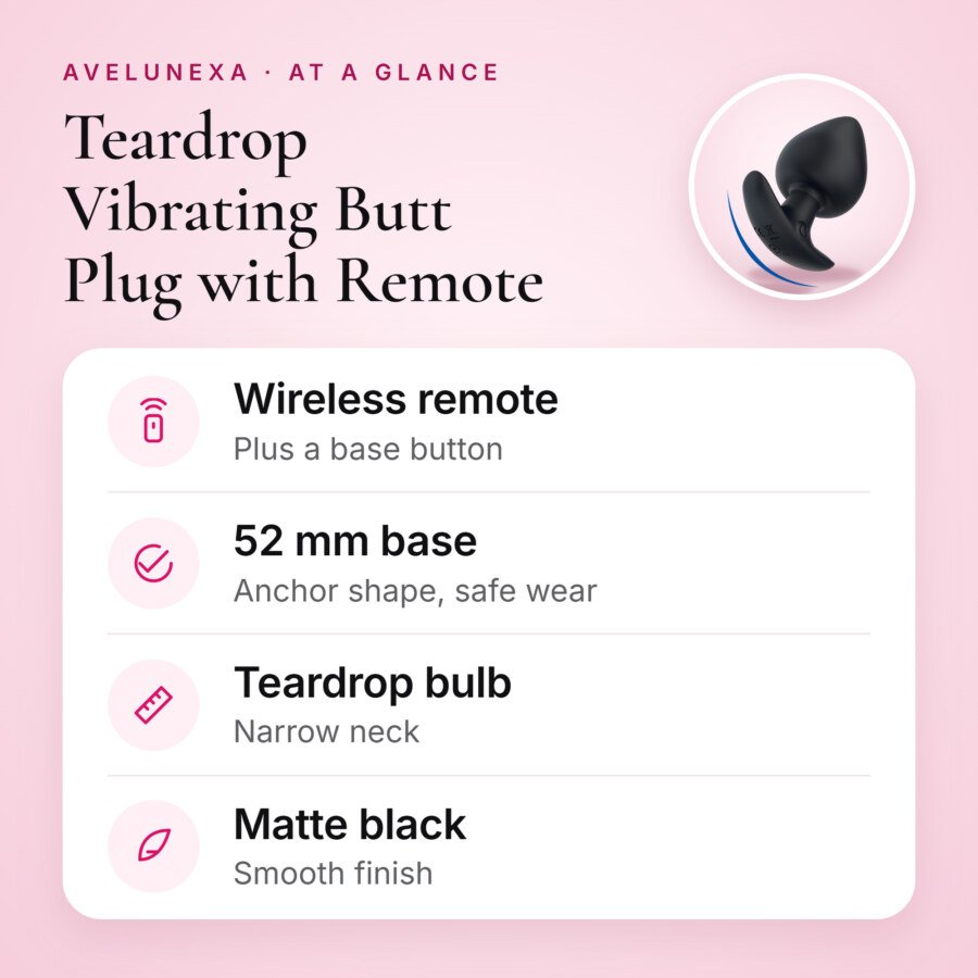 Teardrop Vibrating Butt Plug with Remote – Size M – key features at a glance