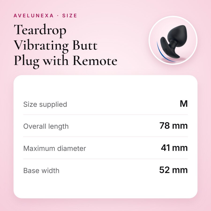 Teardrop Vibrating Butt Plug with Remote – Size M – size and measurements