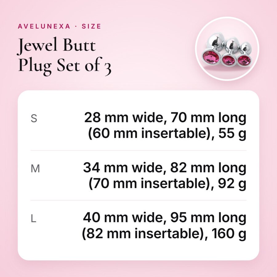 Jewel Butt Plug Set of 3 – Metal, S, M and L – size and measurements