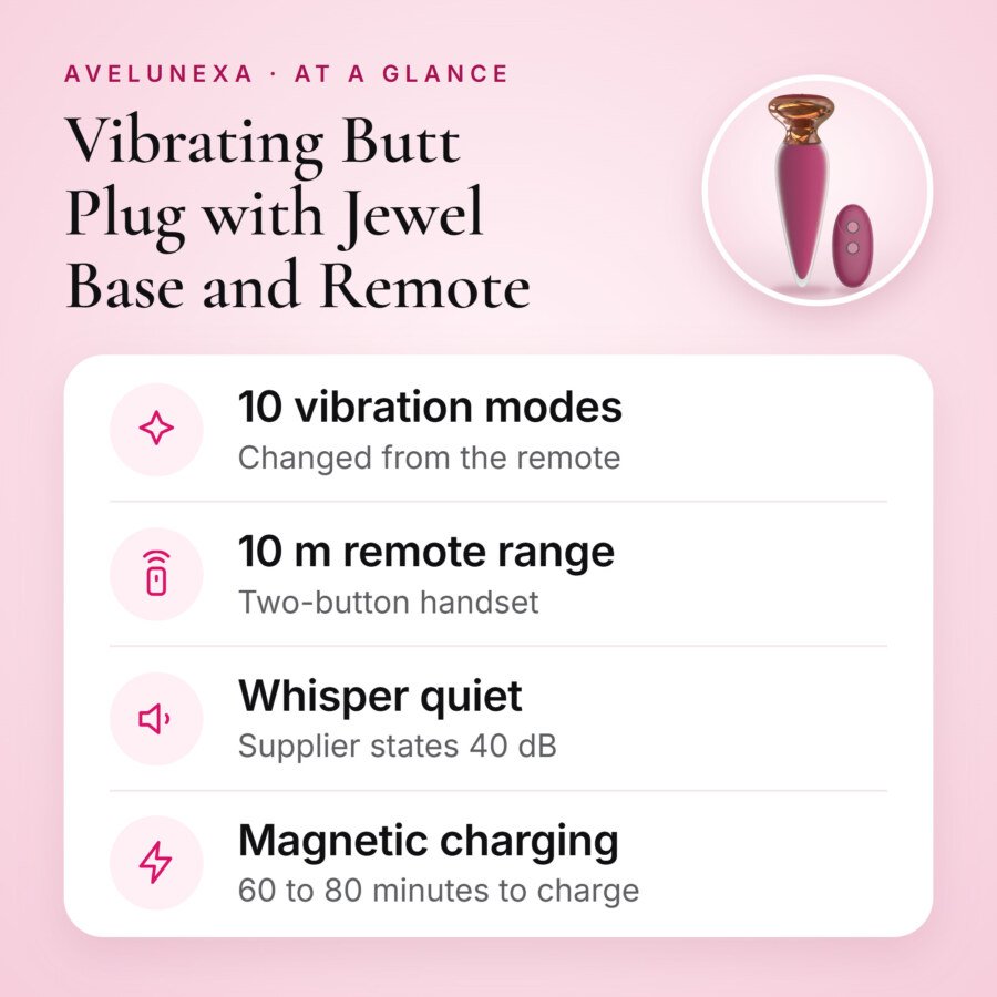 Vibrating Butt Plug with Jewel Base and Remote – 10 Modes, Pink – key features at a glance