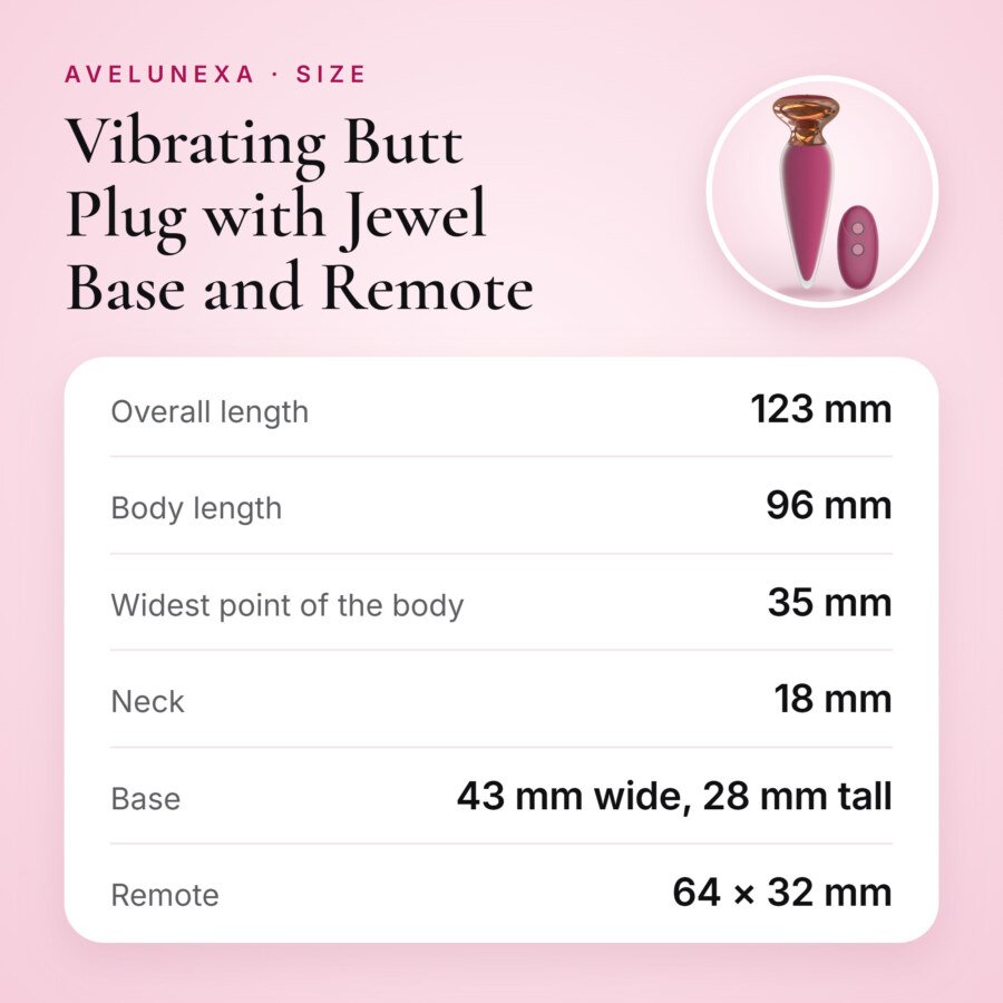 Vibrating Butt Plug with Jewel Base and Remote – 10 Modes, Pink – size and measurements