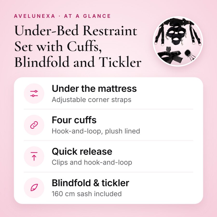 Under-Bed Restraint Set with Cuffs, Blindfold and Tickler – key features at a glance