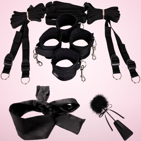 Under-Bed Restraint Set with Cuffs, Blindfold and Tickler