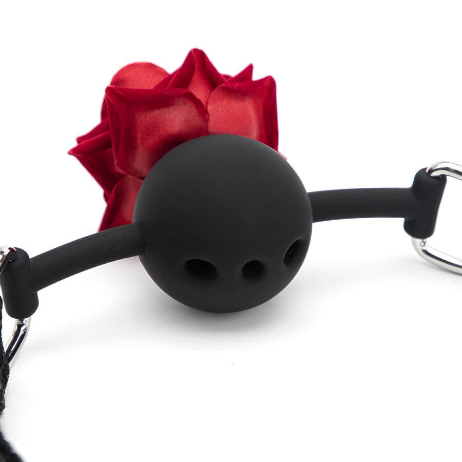 Rose Ball Gag with Breathing Holes and Lace Strap โ Black โ view 3