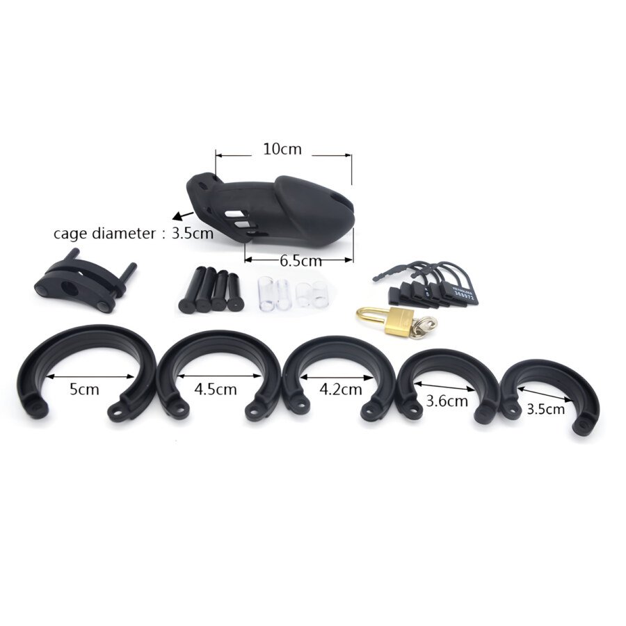 Soft Chastity Cage with 5 Rings and Padlock โ Black โ view 3