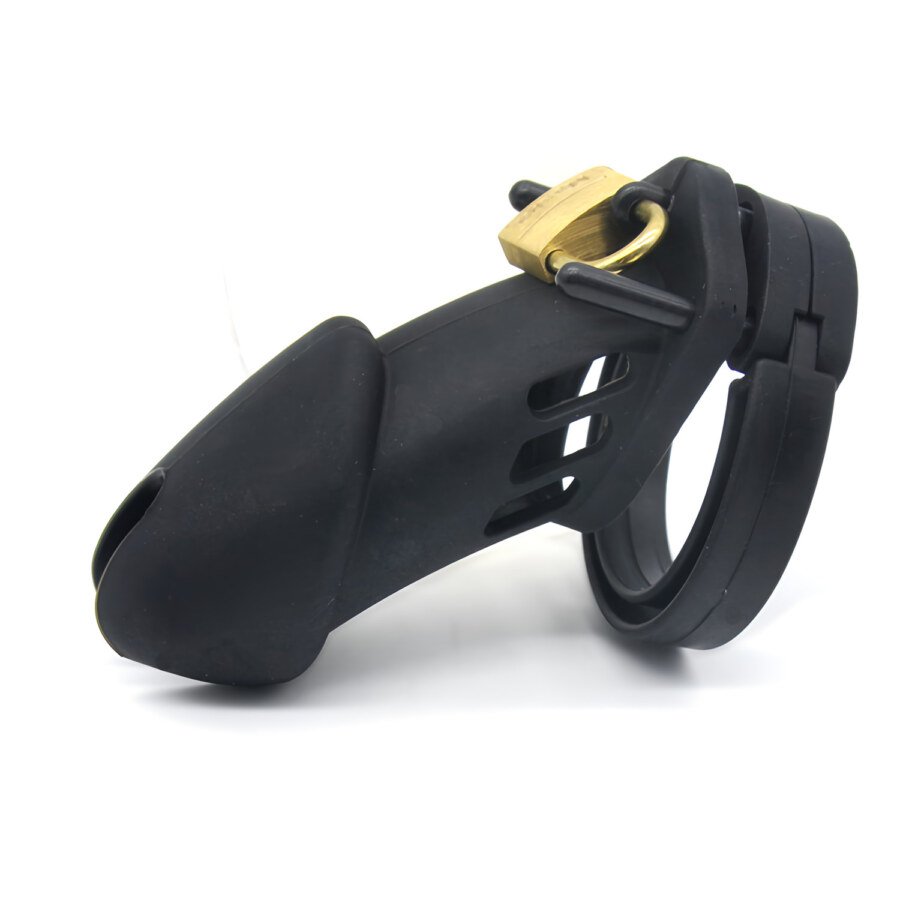 Soft Chastity Cage with 5 Rings and Padlock โ Black โ view 2