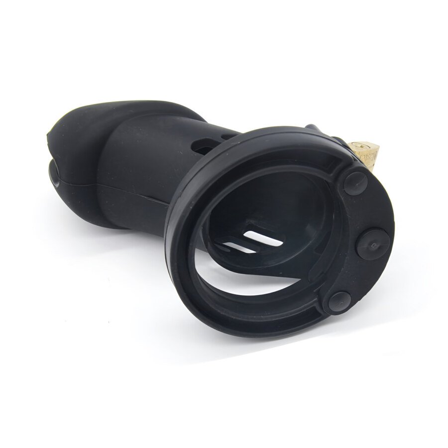 Soft Chastity Cage with 5 Rings and Padlock โ Black โ view 4