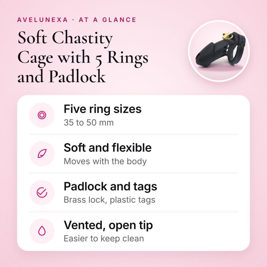 Soft Chastity Cage with 5 Rings and Padlock โ Black โ key features at a glance