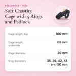 Soft Chastity Cage with 5 Rings and Padlock โ Black โ size and measurements