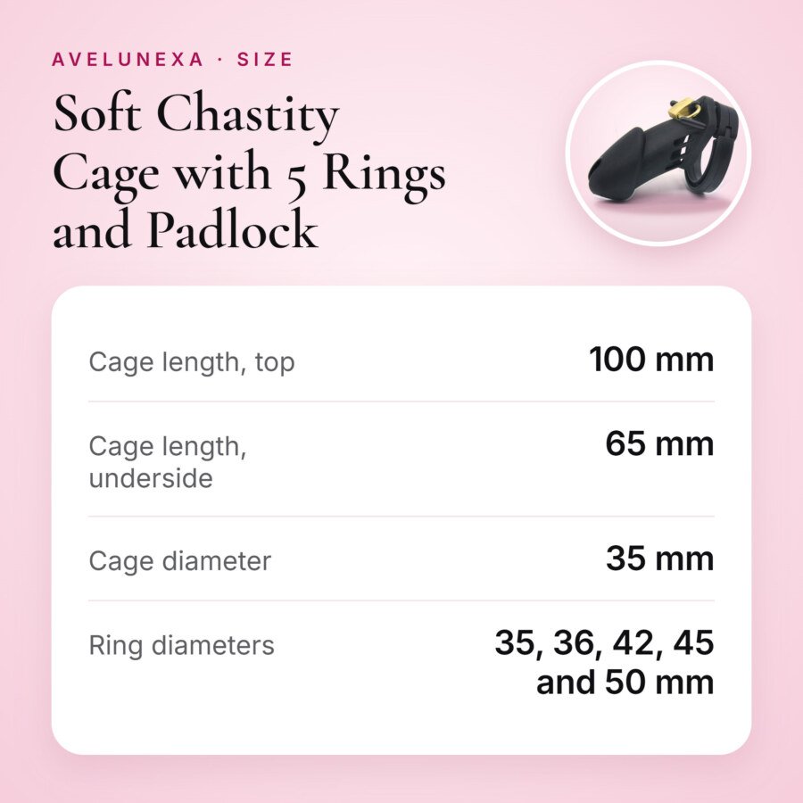 Soft Chastity Cage with 5 Rings and Padlock โ Black โ size and measurements