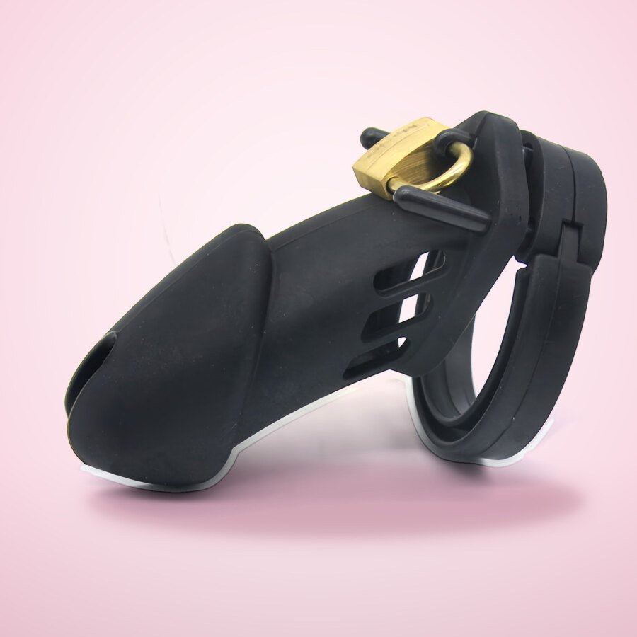 Soft Chastity Cage with 5 Rings and Padlock โ Black