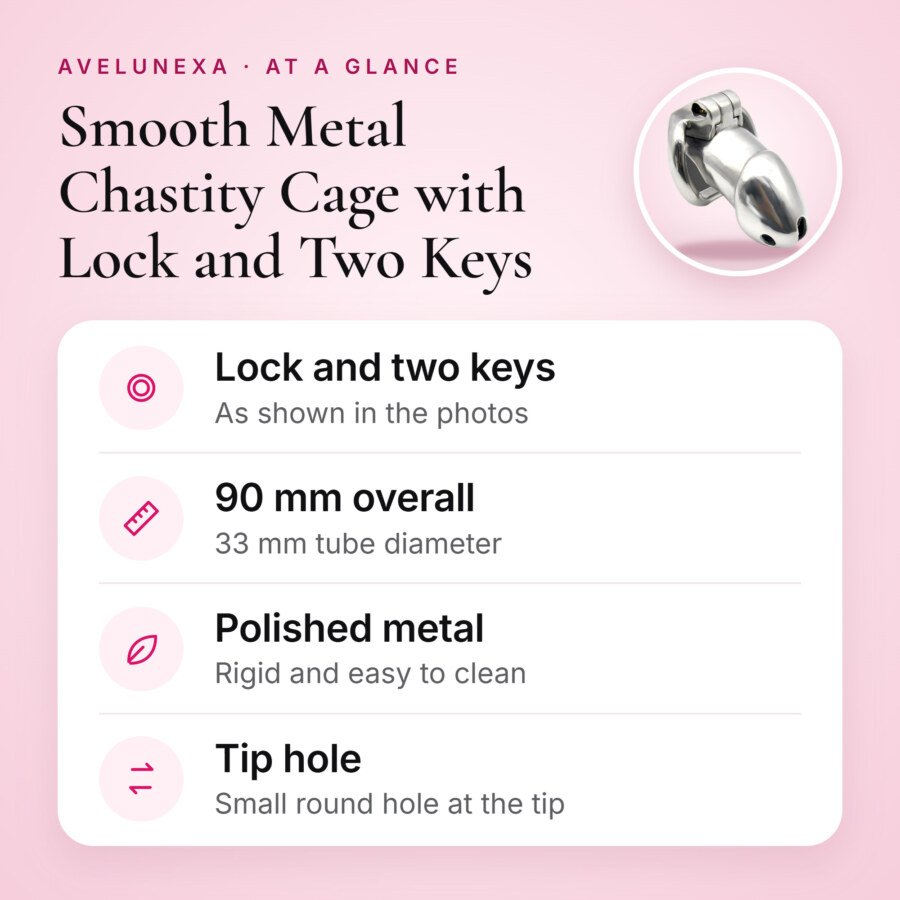 Smooth Metal Chastity Cage with Lock and Two Keys – 90 mm – key features at a glance