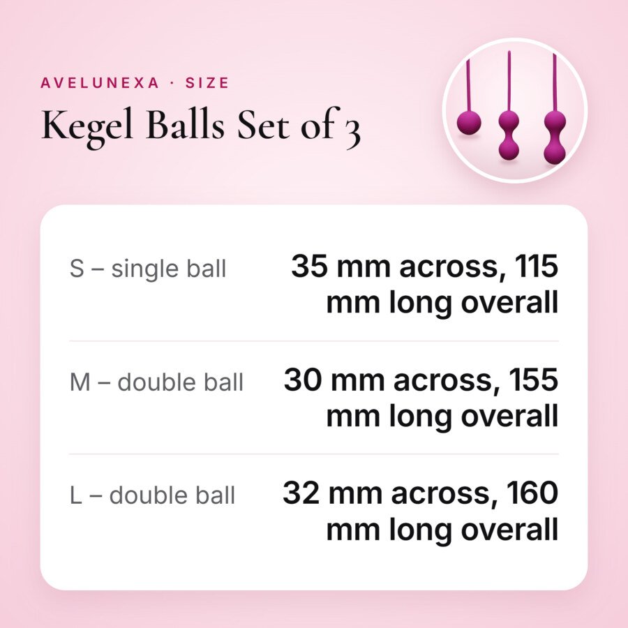 Kegel Balls Set of 3 – Progressive Sizes S, M and L – size and measurements