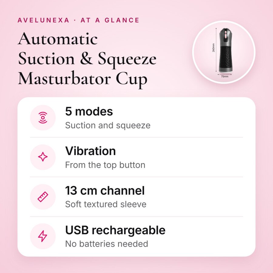 Automatic Suction & Squeeze Masturbator Cup – 5 Modes – key features at a glance