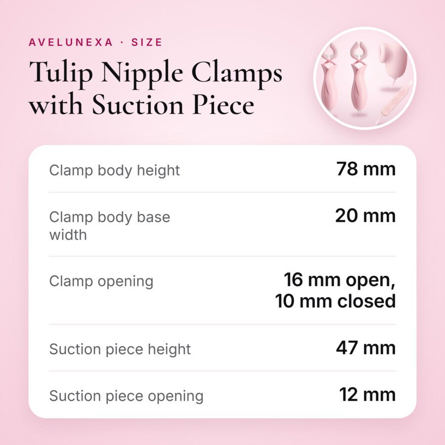 Tulip Nipple Clamps with Suction Piece – Wired Controller, Pink – size and measurements