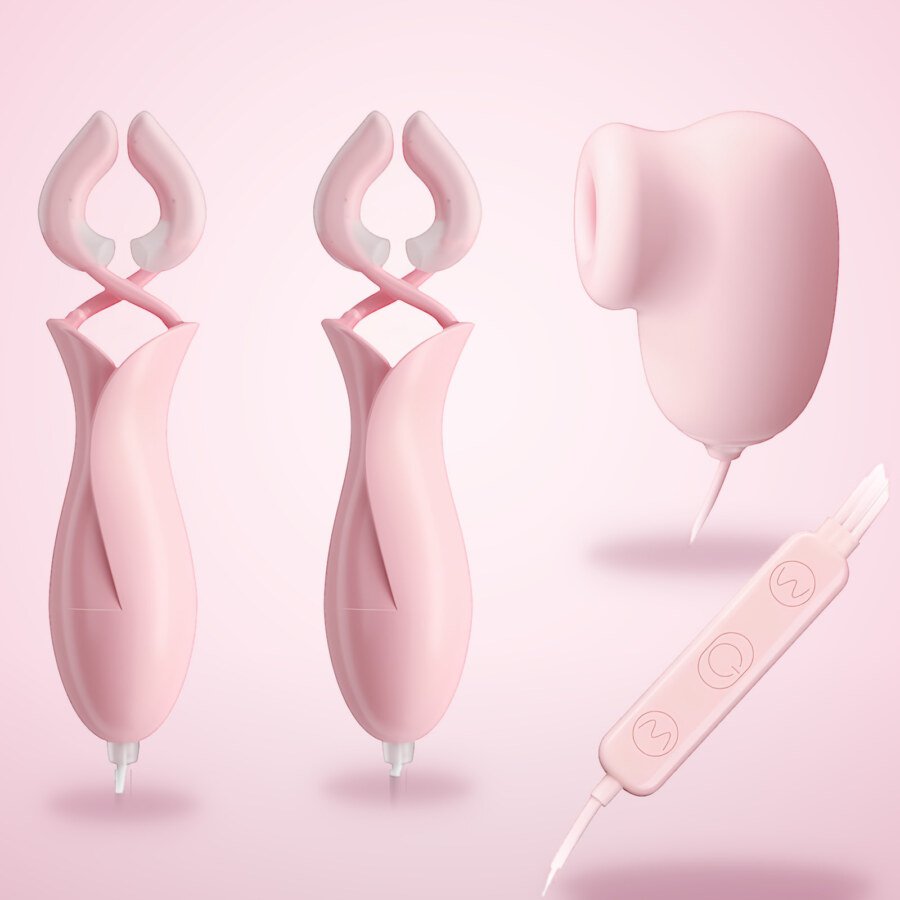 Tulip Nipple Clamps with Suction Piece – Wired Controller, Pink