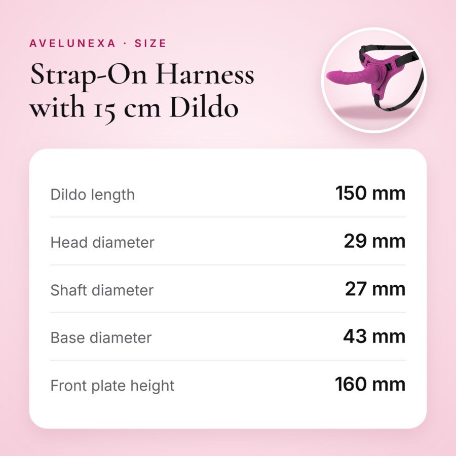 Strap-On Harness with 15 cm Dildo – Adjustable, Fuchsia – size and measurements