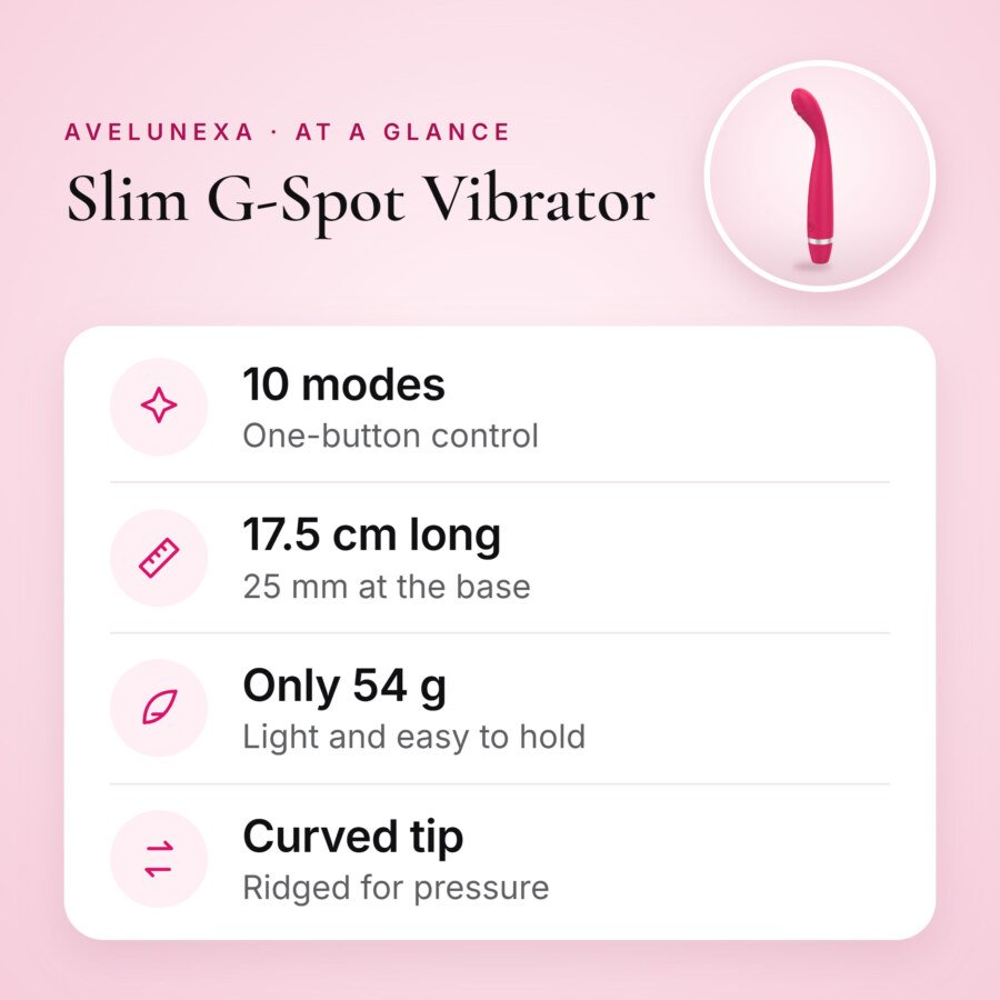 Slim G-Spot Vibrator – 10 Modes, Curved Tip, 17.5 cm – key features at a glance