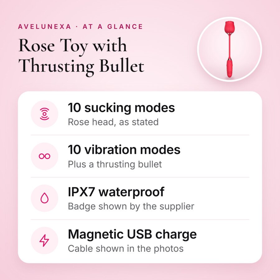 Rose Toy with Thrusting Bullet – 10 Sucking and 10 Vibration Modes, IPX7 – key features at a glance