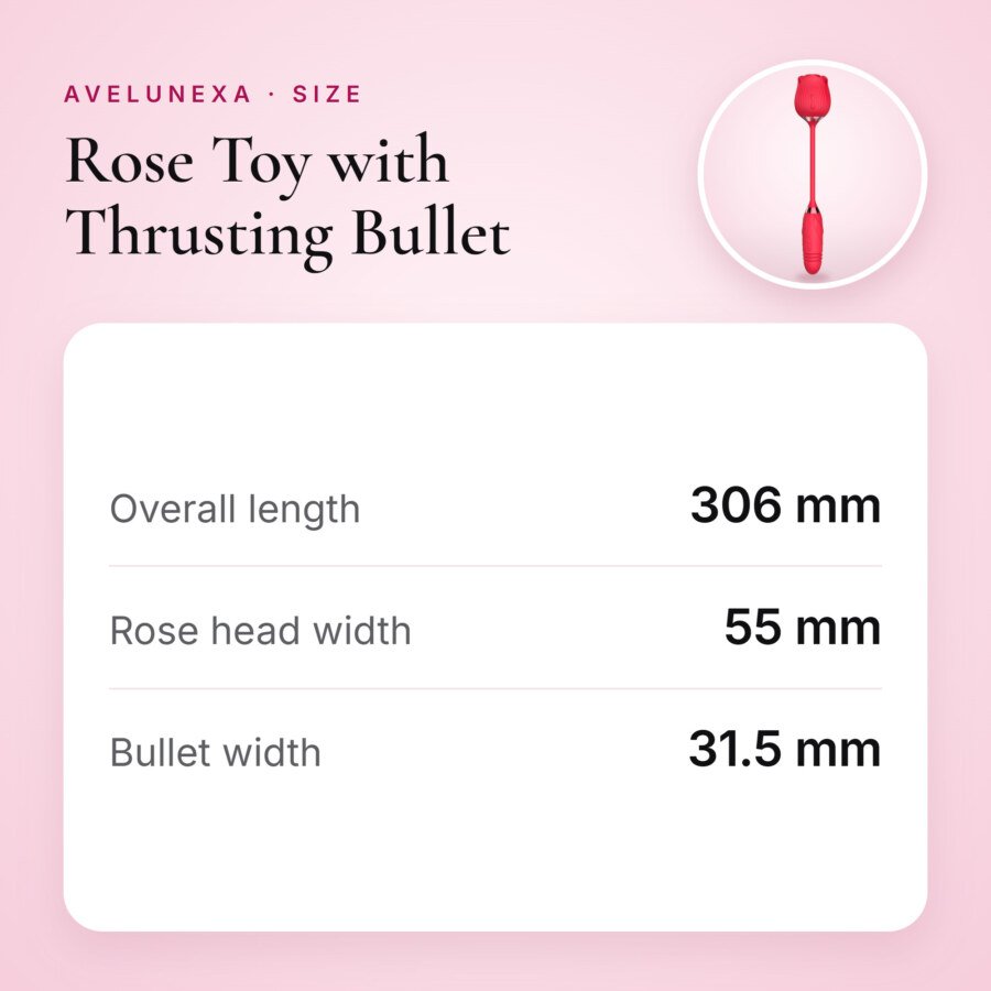 Rose Toy with Thrusting Bullet – 10 Sucking and 10 Vibration Modes, IPX7 – size and measurements