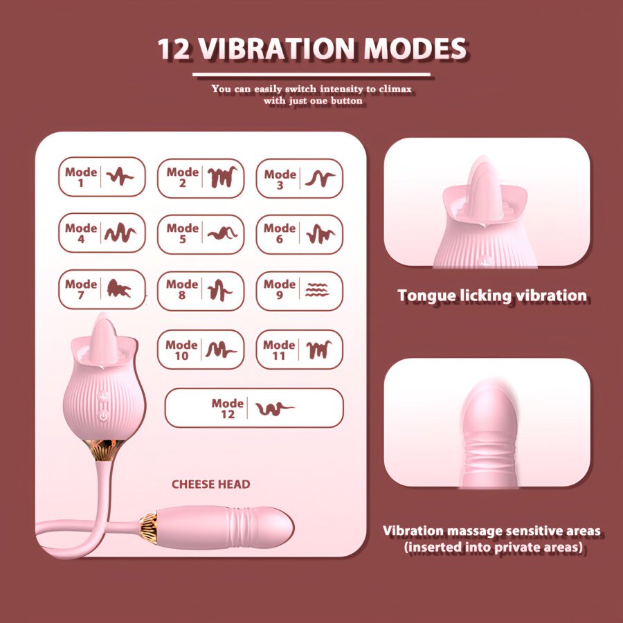 Rose Toy with Licking Tongue and Telescopic Bullet – 12 Modes, Pink – view 4