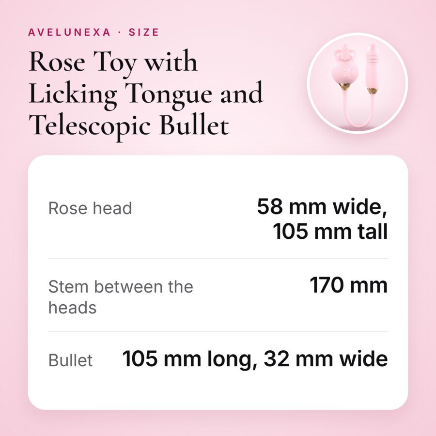 Rose Toy with Licking Tongue and Telescopic Bullet – 12 Modes, Pink – size and measurements
