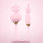 Rose Toy with Licking Tongue and Telescopic Bullet – 12 Modes, Pink