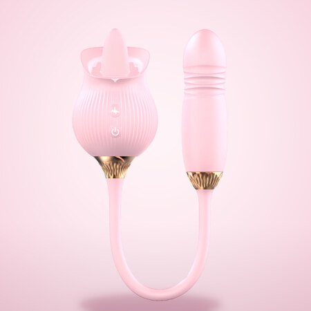 Rose Toy with Licking Tongue and Telescopic Bullet – 12 Modes, Pink
