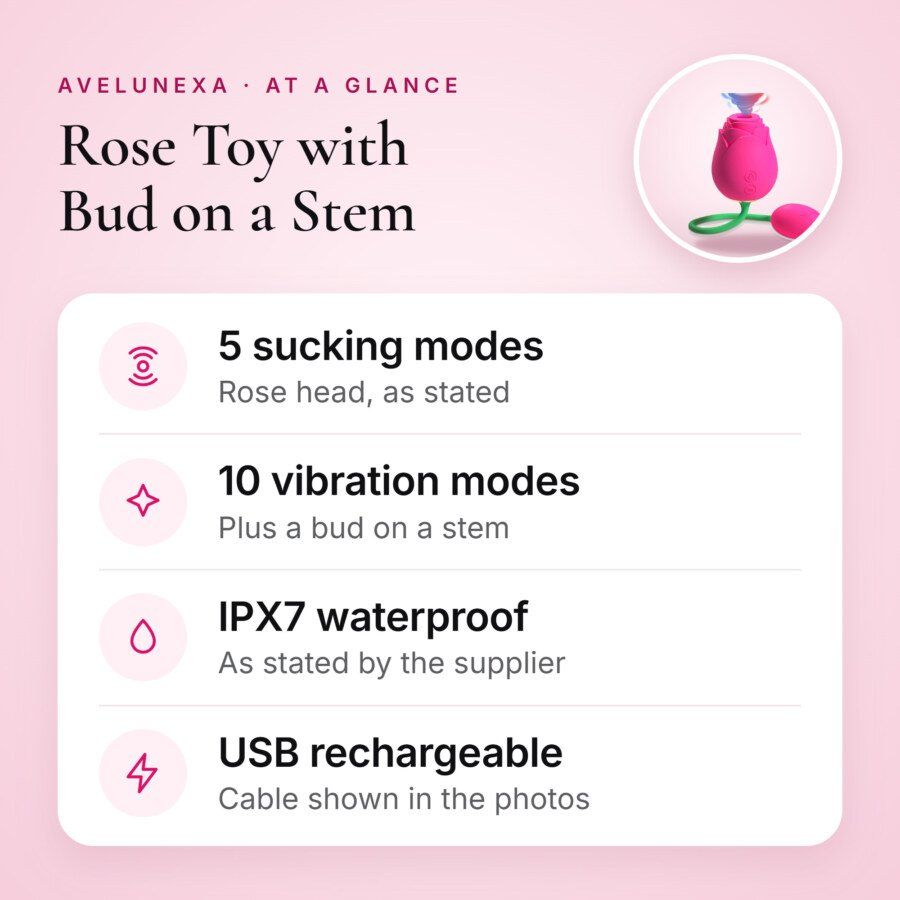 Rose Toy with Bud on a Stem – 5 Sucking and 10 Vibration Modes, IPX7 – key features at a glance